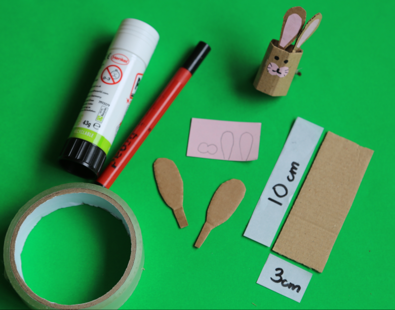 10 by 3 cm piece of thin card, cut out ears, sticky tape, pen. What you needto make  simpleaster bunny finger puppet